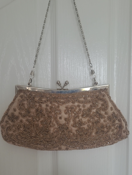 Handbags - Beaded Floral Evening Clutch in Taupe With Gold Beading